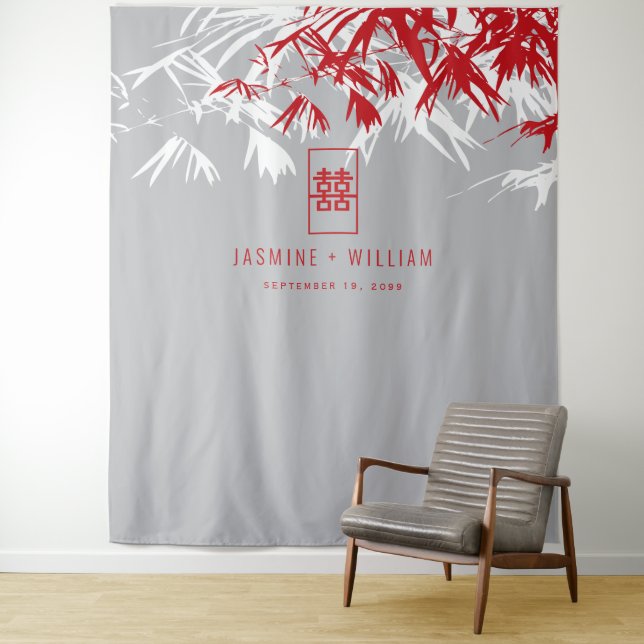 Grey & Red Bamboo Leaves Chinese Wedding Backdrop Tapestry (In Situ)