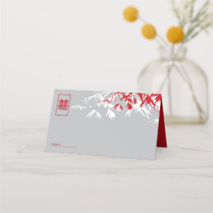 Grey & Red Bamboo Leaves Double Xi Chinese Wedding Place Card
