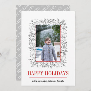 Grey red Berry leaf Happy Holidays Christmas photo Holiday Card