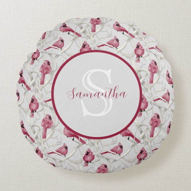Grey Red Cardinal Birds Personalised Monogram Round Cushion (Front)