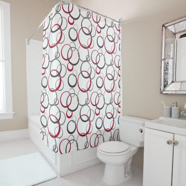 Grey Red Circles white Shower Curtain (In Situ)