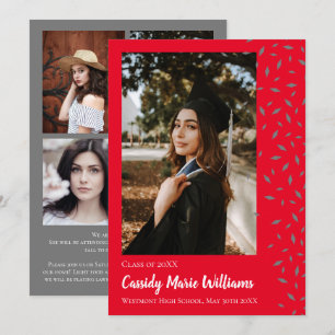Grey Red Confetti Graduation Announcement