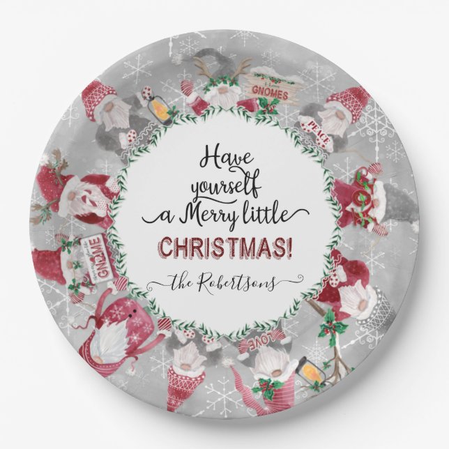 Grey Red Gnomes Merry Little Christmas Snowflakes Paper Plate (Front)