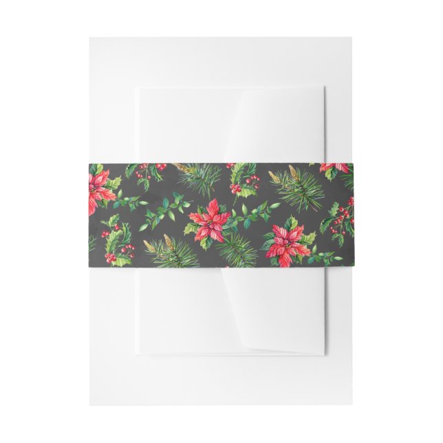 Grey Red Green Floral Christmas Invitation Belly Band (Front Example)