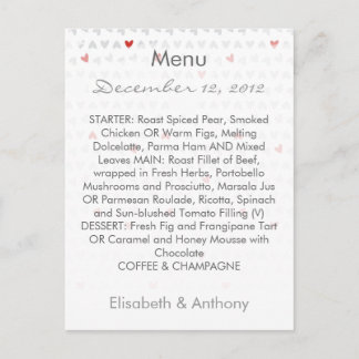 grey & red little hearts wedding menu postcard