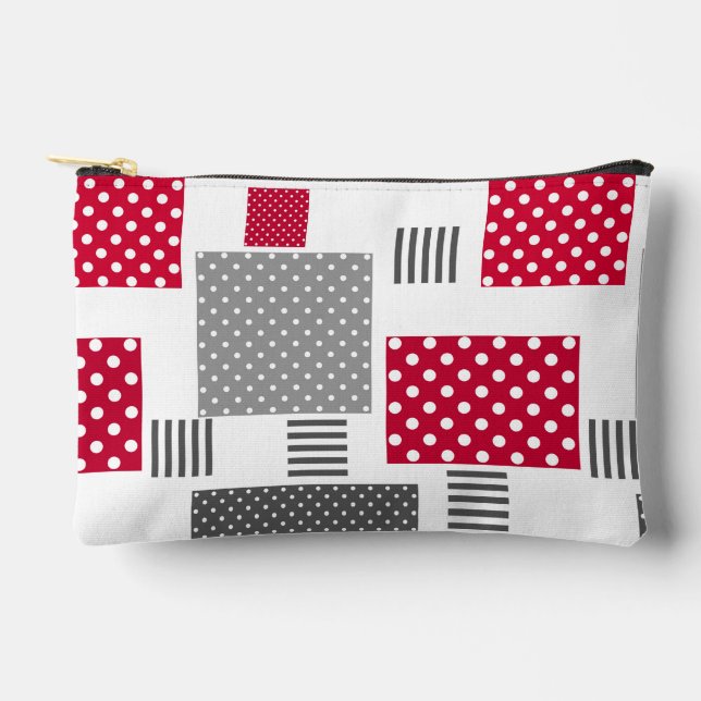 Grey red polka dot patchwork on white background accessory pouch (Front)