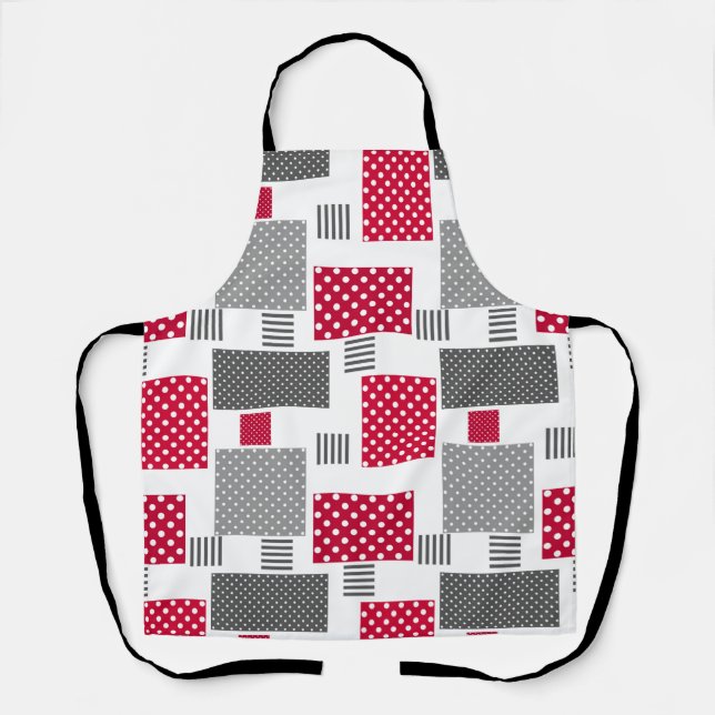 Grey red polka dot patchwork on white background apron (Front)