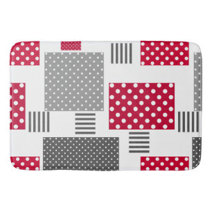 Grey red polka dot patchwork on white background bath mat