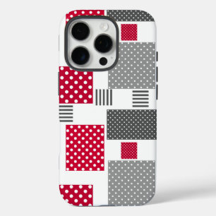 Grey red polka dot patchwork on white background iPhone 16 pro case