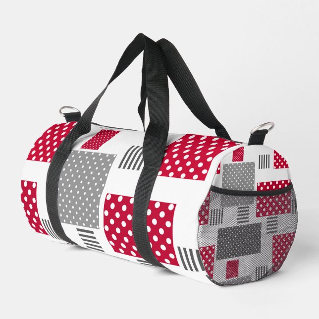 Grey red polka dot patchwork on white background duffle bag (Right Corner)