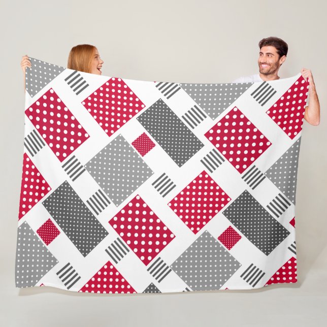 Grey red polka dot patchwork on white background fleece blanket (In Situ)