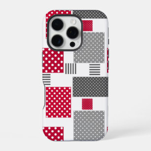Grey red polka dot patchwork on white background iPhone 16 pro case