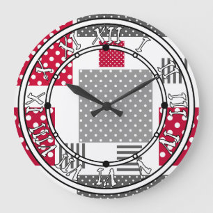 Grey red polka dot patchwork on white background large clock