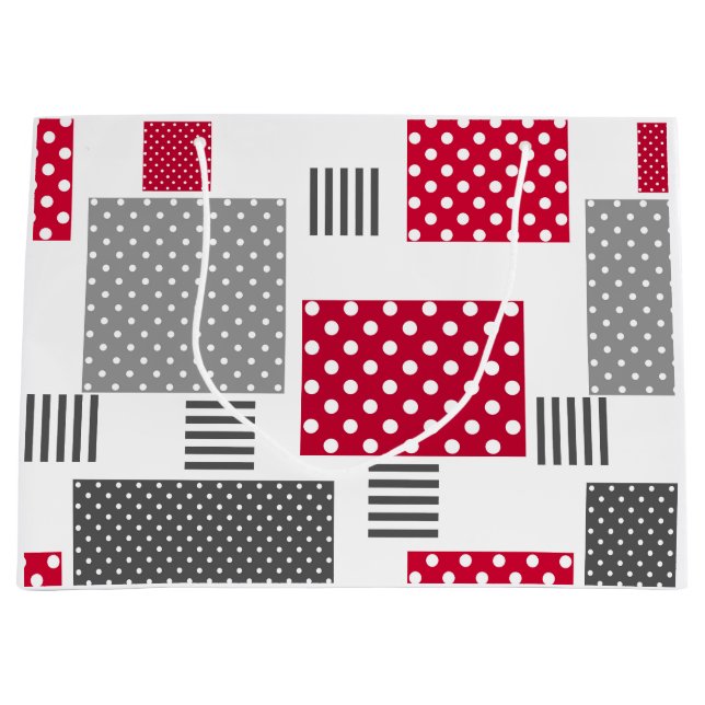 Grey red polka dot patchwork on white background large gift bag (Front)