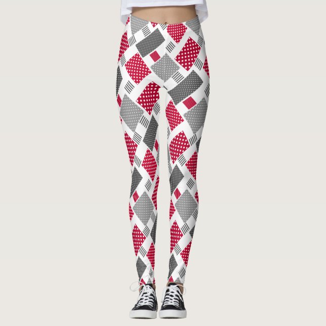 Grey red polka dot patchwork on white background leggings (Front)