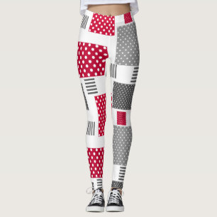 Grey red polka dot patchwork on white background leggings