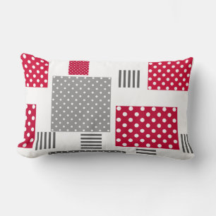 Grey red polka dot patchwork on white background lumbar cushion