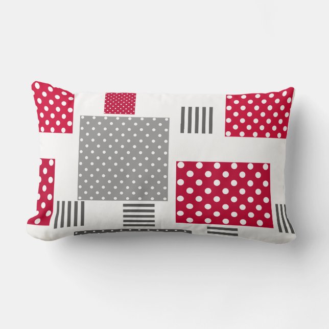 Grey red polka dot patchwork on white background lumbar cushion (Front)