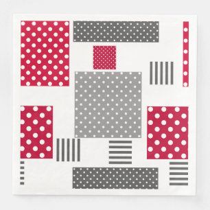 Grey red polka dot patchwork on white background napkin