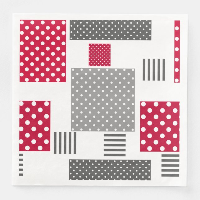 Grey red polka dot patchwork on white background napkin (Front)