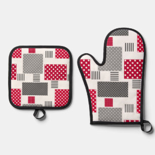 Grey red polka dot patchwork on white background oven mitt & pot holder set