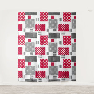 Grey red polka dot patchwork on white background tapestry