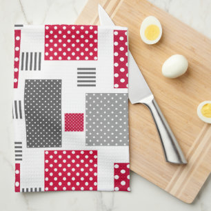Grey red polka dot patchwork on white background tea towel