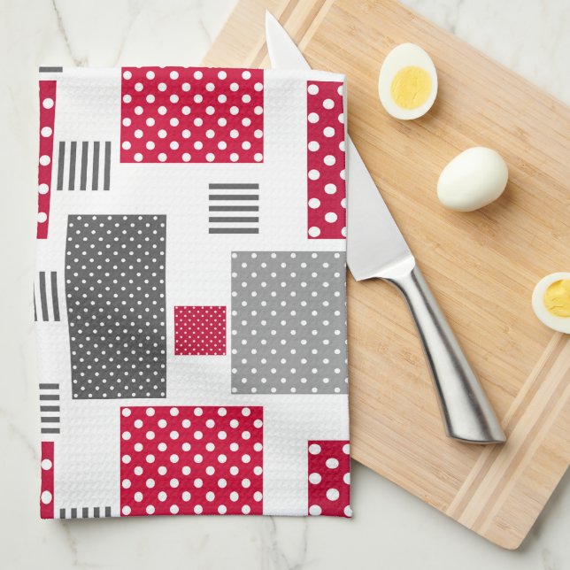 Grey red polka dot patchwork on white background tea towel (Quarter Fold)