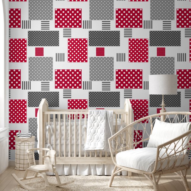 Grey red polka dot patchwork on white background wallpaper (Kids)