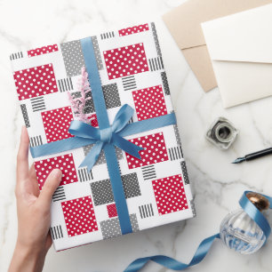 Grey red polka dot patchwork on white background wrapping paper