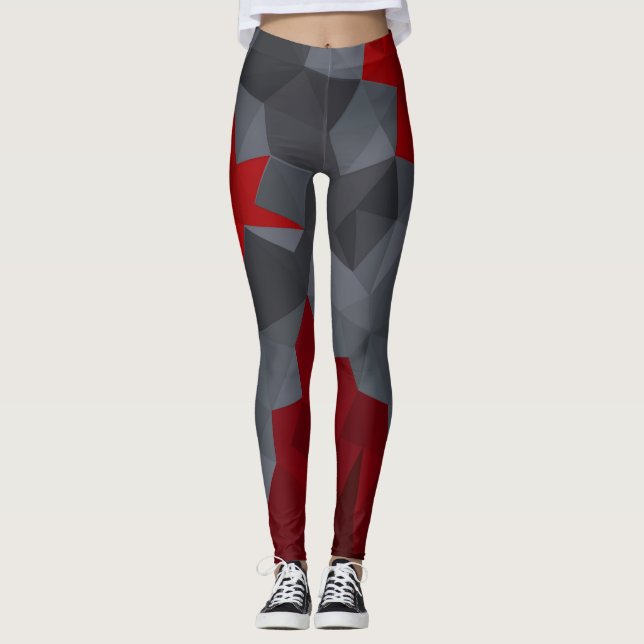Grey, red randomly arranged triangles. leggings (Front)