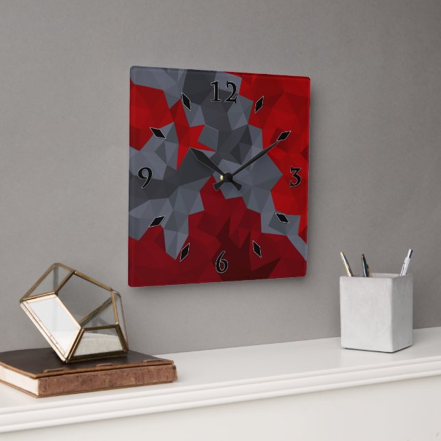 Grey, red randomly arranged triangles. square wall clock (Office)