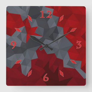 Grey, red randomly arranged triangles. square wall clock