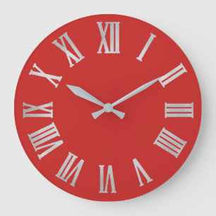 Grey Red Silver Metallic Grey Roman Numbers Large Clock