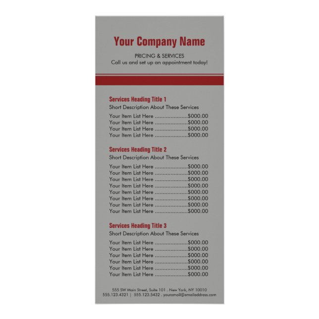 Grey Red Simple Border Price List 3 Rack Card (Front)