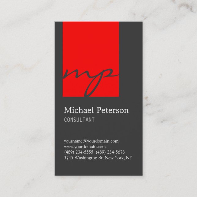 Grey Red Stripe Script Monogram Business Card (Front)