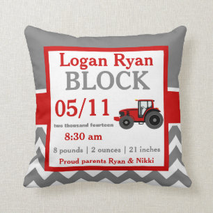Grey Red Tractor Baby Announcement Pillow