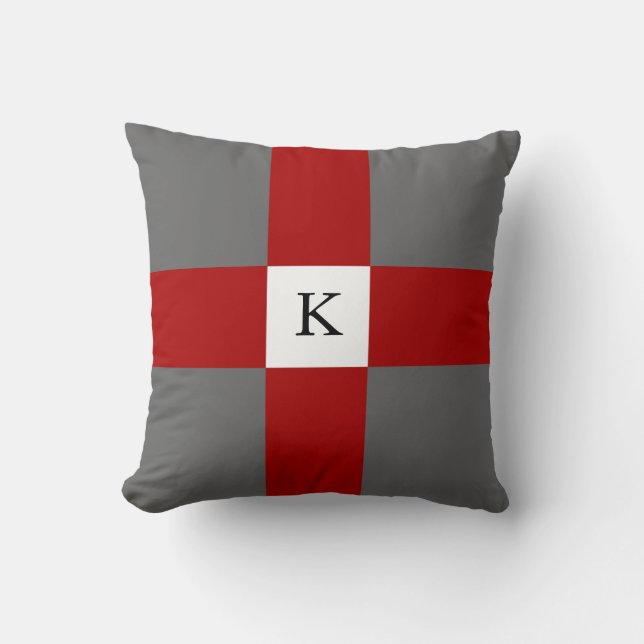 Grey Red White Cross Pattern & Custom Monogram Cushion (Front)