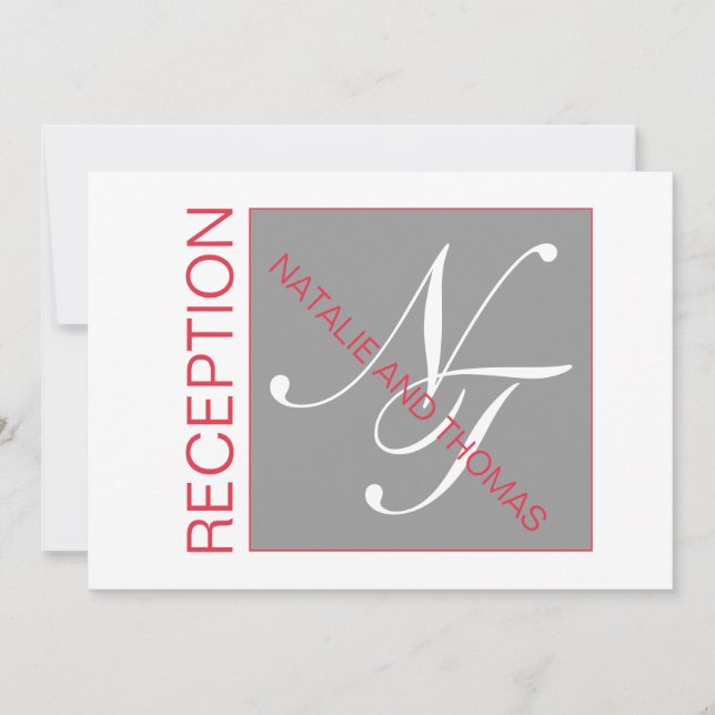 GREY RED WHITE INITIALS SIMPLE WEDDING RECEPTION INVITATION (Front)