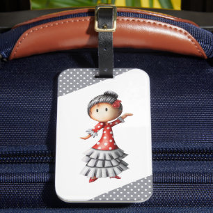 Grey Red White Polka Dot Flamenco Sevillana Dancer Luggage Tag