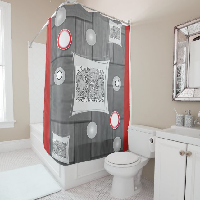 grey red white showercurtain shower curtain (In Situ)