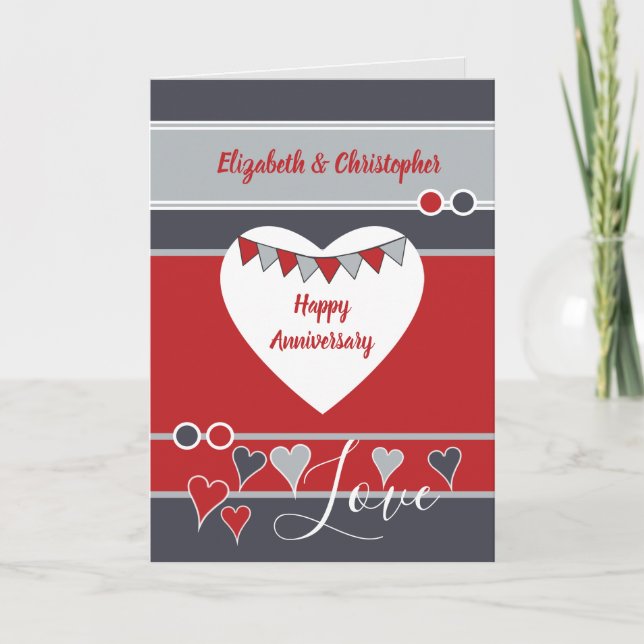 Grey red with hearts and bunting anniversary card (Front)
