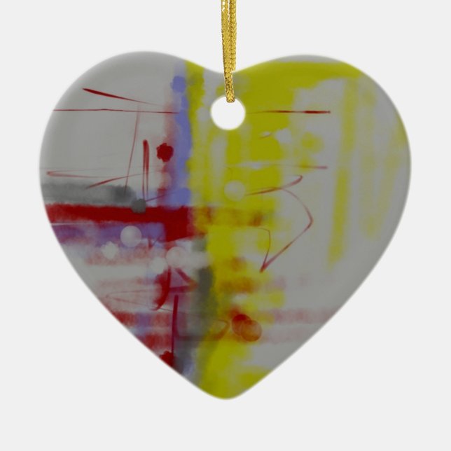 Grey Red Yellow Abstract Expressionist Ceramic Ornament (Front)