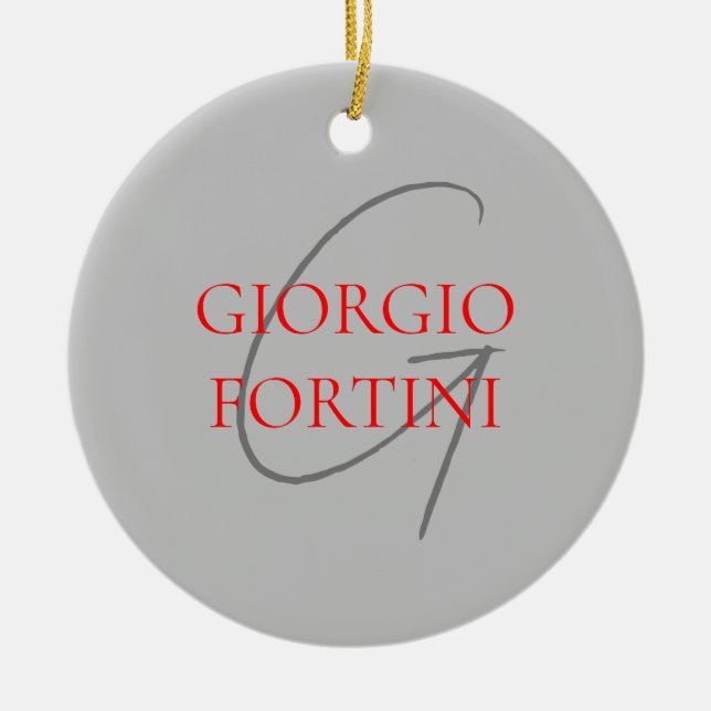 Grey Red Your Name Initial Monogram Modern Ceramic Ornament (Front)