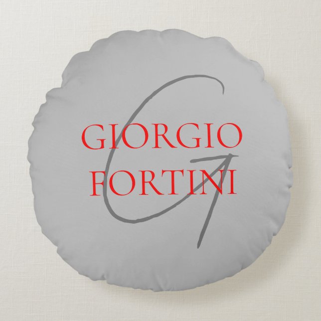 Grey Red Your Name Initial Monogram Modern Round Cushion (Front)