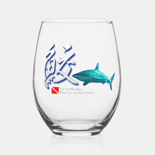 Grey reef shark with Chinese characters Stemless Wine Glass