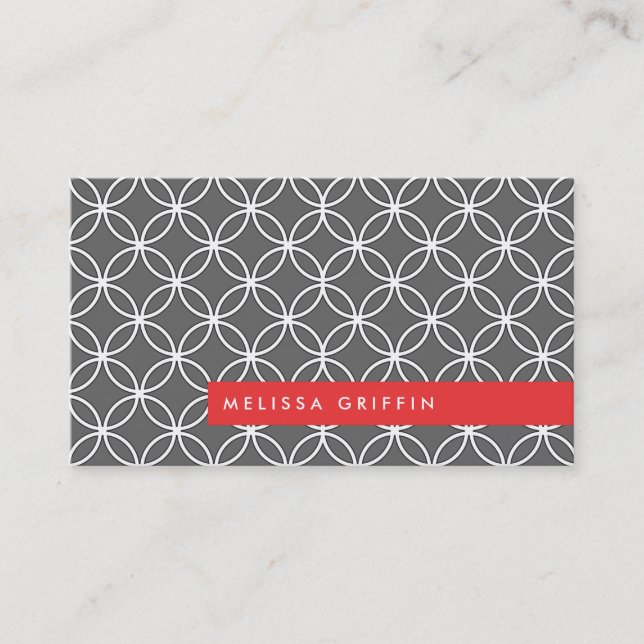 Grey Regency Pattern & Red Bar Business Card (Front)