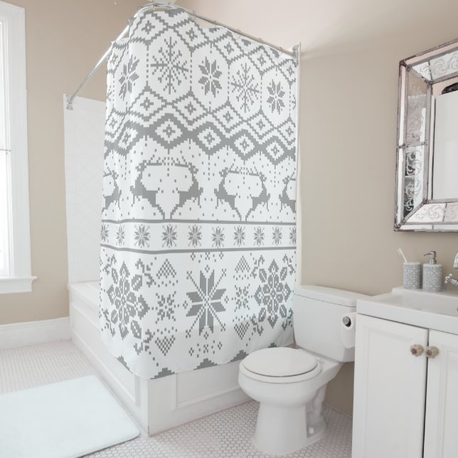 Grey Reindeer And Snowflakes Pattern Shower Curtain (In Situ)