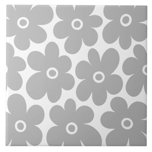 Grey Retro Flowers Pattern Ceramic Tile (Front)