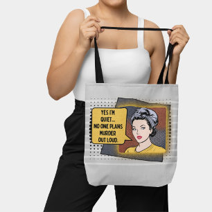 Grey Retro Pop Art Shy Girl Sarcastic Phrase Tote Bag